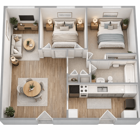 Floor plan for 2 beds, 1 bath, 900 sqft